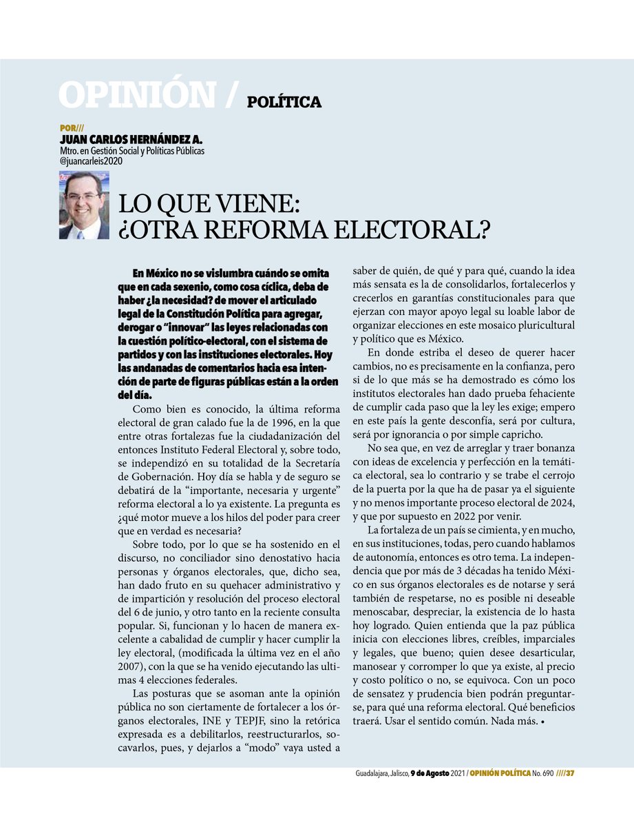 Lo que viene: ¿Otra reforma electoral? 
Por Juan Carlos Hernandez Ascencio
Maestro en Gestión Social y Políticas Públicas
<a href="/juancarleis2020/">Juan Carlos Hdez. A.</a>