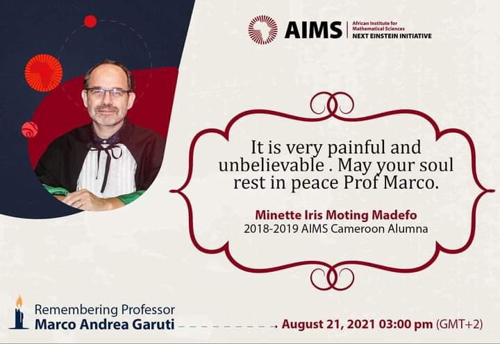 AimsCmr's tweet photo. "It is very painful and unbelievable. May your soul rest in peace Prof. Marco." 

MINETTE IRIS MOTING MADEFO
2018-2019 AIMS Cameroon Alumna
#RememberingMarco https://t.co/Ye2SZ2eoLj