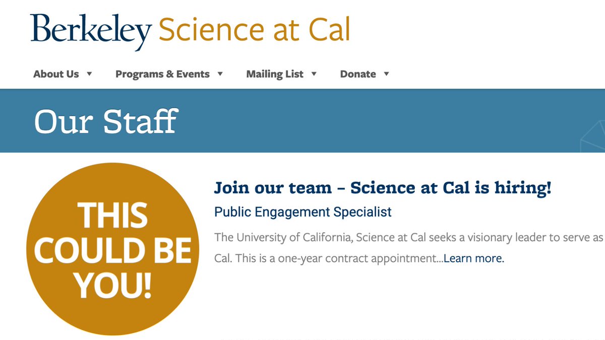 ScienceAtCal's tweet photo. FYI: Science at Cal will be reviewing apps for our open Pub Engagement Specialist position starting on Mon, 8/23. 

Get your applications in by then! 

Learn more: https://t.co/o6Rlu9qaH2

#scicommjobs #scicomm #STEM #STEAM #SciEd #science https://t.co/hqVFzALI41