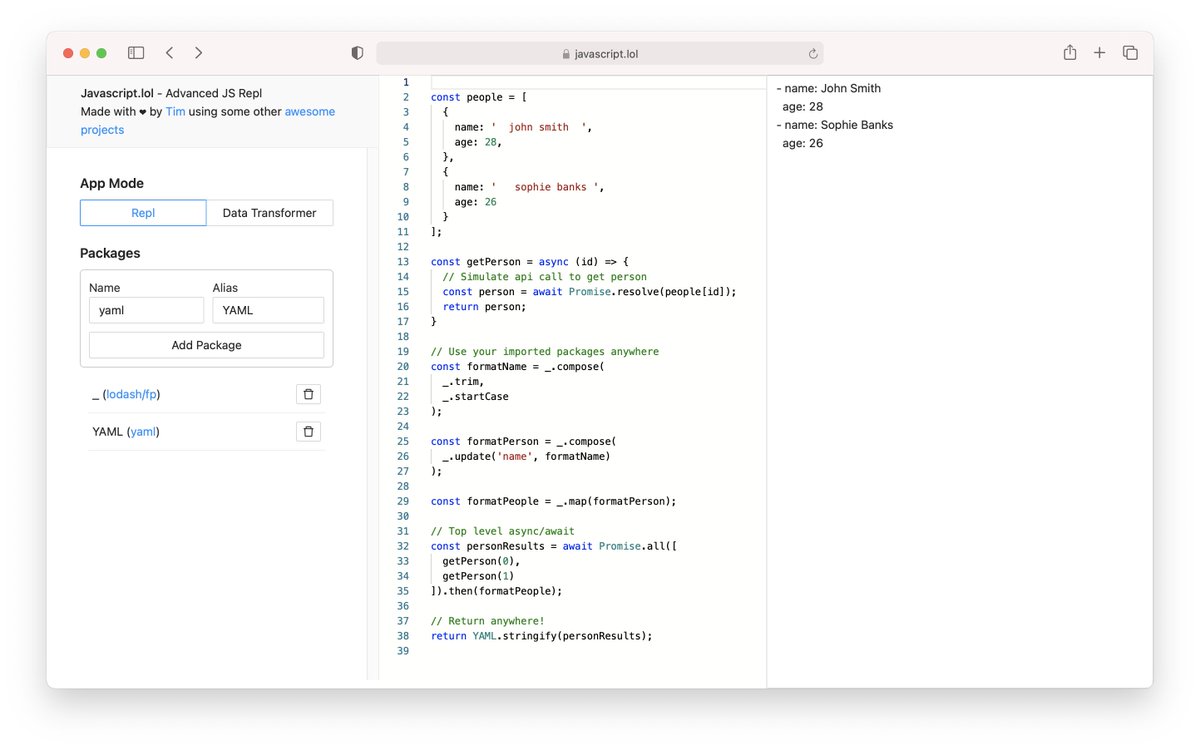 tim_crisp's tweet photo. Fellow javascript developers today I'm releasing https://t.co/6OMtexkFeu. An in-browser javascript REPL that does...
✅ Dynamic NPM package imports
✅ Top-level async/await
✅ Client sided and shareable (state in URL)
✅ Transformers for data normalisation
#javascript #repl #code https://t.co/M0SI6uiwYg