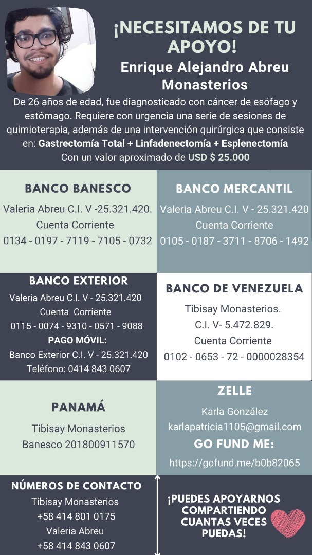 Namaste_avatars's tweet image. ¿Podrías ayudarme a difundir el caso de mi sobrino? Cáncer de estómago y esófago
Se nos acaba el tiempo para poder realizar la *cirugía (Gastrectomía Radical Total)* y todavía nos falta para poder costear el procedimiento
_Muchas gracias y que Dios te bendiga_✨.