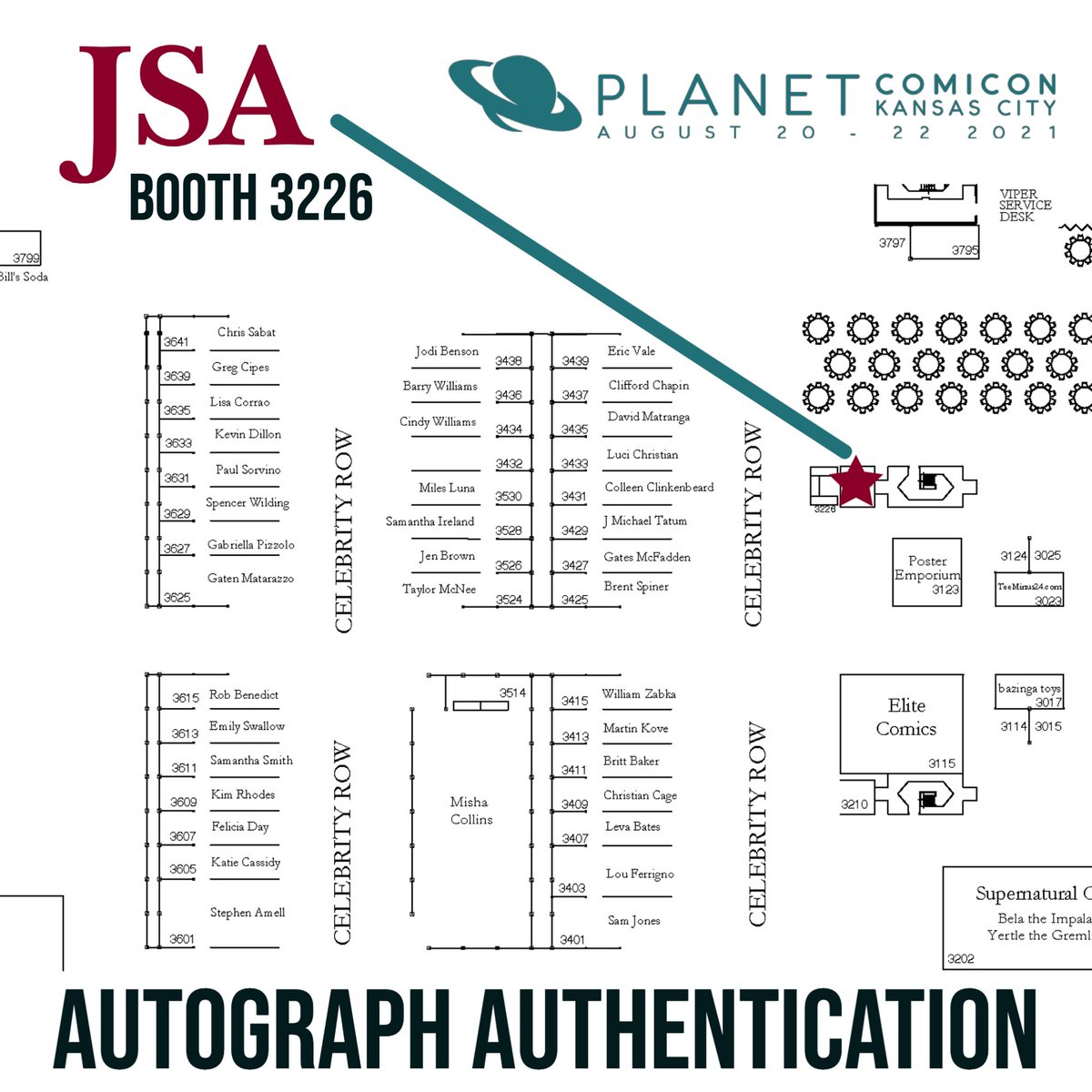 JSA is Booth 3226 <a href="/PlanetComicon/">Planet Comicon Kansas City</a> conveniently adjacent to #CelebrityRow 

✅ Authenticate items signed at the show for just $10/autograph 

✅ Submit outside autographs for fees listed on SpenceLOA.com/fees

#planetcomicon #jsaauthenticated #jsaloa #kansascity