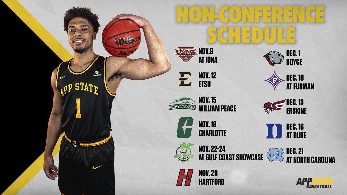 AppStateMBB's tweet photo. Our non-conference schedule is set!

Mark your calendars to catch us in action all season!

➡️ https://t.co/Z9QXHoKeD8
📅 https://t.co/km1nKhBugN
🎟️ https://t.co/TTK9S88UPy

#TakeTheStairs https://t.co/MjD8JoVqun