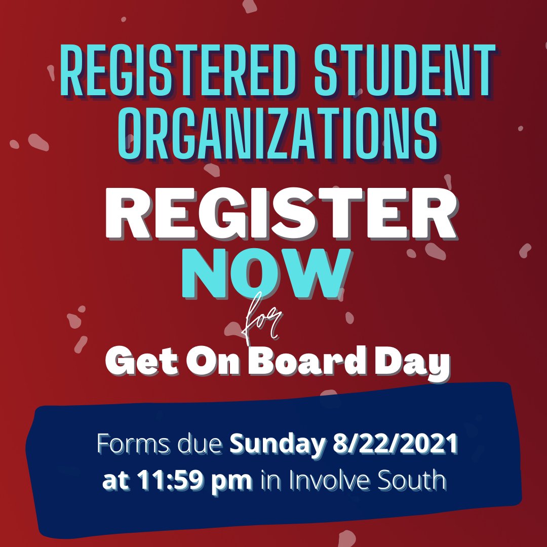 Happy first day of classes, Jags!

Want to #GetInvolved this school year? 

Be sure to register your RSO for this semester's Get On Board Day by 8/22/2021 at 11:59pm on Involve South.

Form link: tinyurl.com/3t53enhs