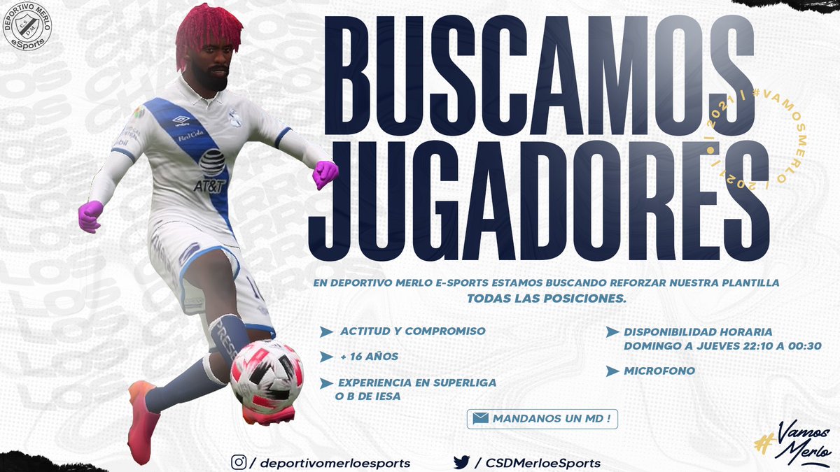 CSDMerloeSports's tweet photo. 🗣🔎 || BUSQUEDA DE JUGADORES

¡Deportivo Merlo eSports te esta buscando! 💙🤍. Nos encontramos en búsqueda de jugadores para afrontar la próxima temporada en la B de @IESAFIFAar y @ievargentina. 

Si cumplís los requisitos y queres formar parte del charro escribinos al MD 📥 https://t.co/mwEamA07cv