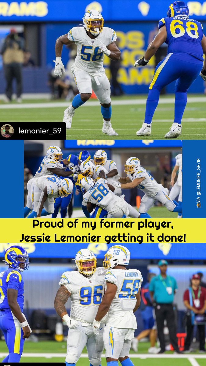 ⚡️Proud of my former player <a href="/Lemonier59/">Jessie Lemonier</a> getting it done! <a href="/chargers/">Los Angeles Chargers</a>  <a href="/RamsNFL/">Los Angeles Rams</a> 👏 📸via: lemonier_59/IG
#nfl #football #Chargers