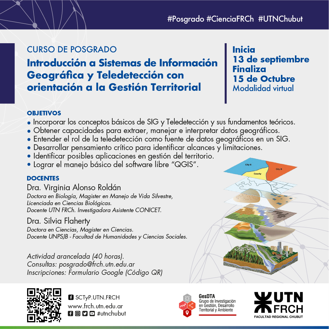 UTNChubut's tweet photo. #CienciaFRCh • El 13 de septiembre iniciará una nueva propuesta de posgrado "Introducción a #SIG y Teledetección con orientación a la #GestiónTerritorial" 
Organiza #GesDTA 
 📩posgrado@frch.utn.edu.ar
✍🏼https://t.co/frfeRU8NgL
#UTNChubut #QGIS #Posgrados https://t.co/FsT0rEcgF3