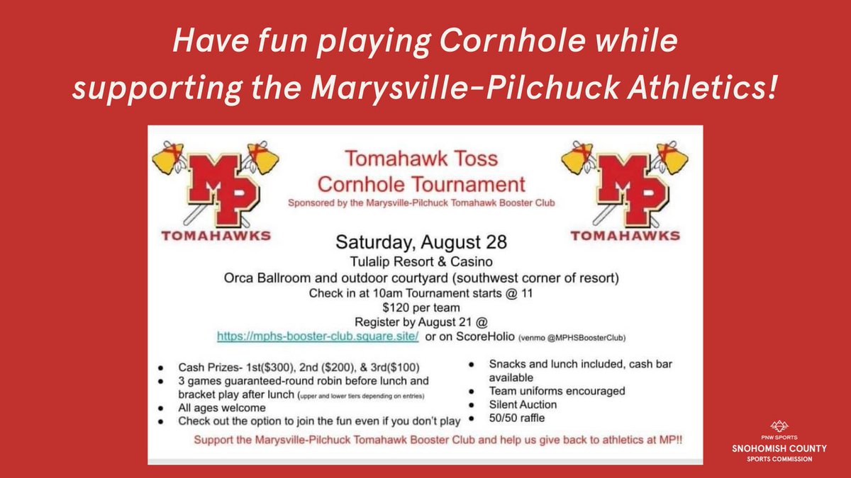 Don't forget to register for the Tomahawk Toss Cornhole Tournament! Deadline is Saturday, August 21st. Grab your friend to play in this fun competition. #cornhole #playpnwsports #snocosports #tulalipwa #letshavefun