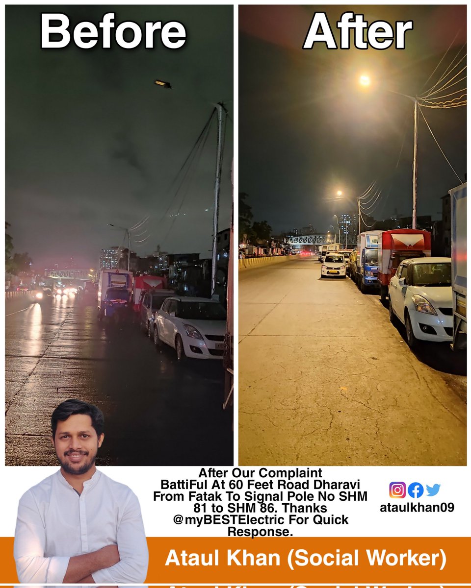 After Our Complaint BattiFul At 60 Feet Road Dharavi From Fatak To Signal Pole No SHM 81 to SHM 86. 
Thanks <a href="/myBESTElectric/">BEST Electricity</a> For Quick Action. <a href="/AUThackeray/">Aaditya Thackeray</a> <a href="/richapintoi/">Richa Pinto</a> 
@Actressleslie26 <a href="/AlertCitizen5/">Alert Citizen</a>
<a href="/KishoriPednekar/">Kishori  Pednekar</a> <a href="/VarshaEGaikwad/">Prof. Varsha Eknath Gaikwad</a>
#MissionBattiFullMumbai
#AtaulSocialWorker