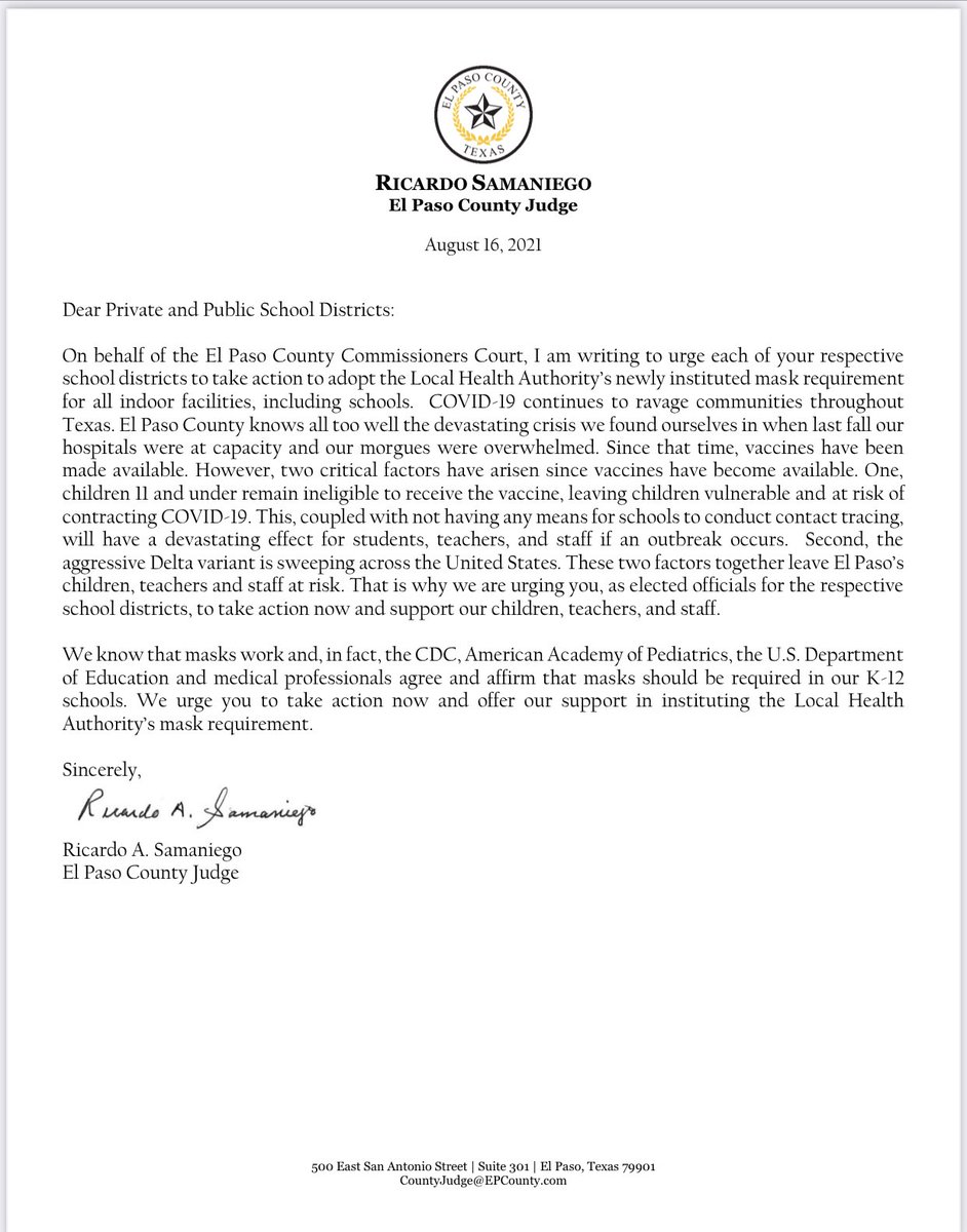 Last year, I took action against Governor Abbott during the peak of the pandemic when El Paso was one of the worst COVID-19 hotspots throughout the Nation. I am thankful to those members of City Council who took action in support of Dr. Ocaranza’s decision yesterday.