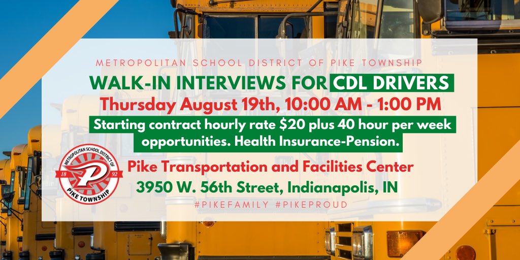 Our Transportation Department is taking walk-in interviews for bus drivers. Competitive salaries, 40hr week opportunities, Healthcare &amp; Retirement packages available. Interested? Join us at 3950 W. 56th St. Thursday, August 19th, from 10:00 AM to 1:00 PM. #PikeFamily #PikeProud
