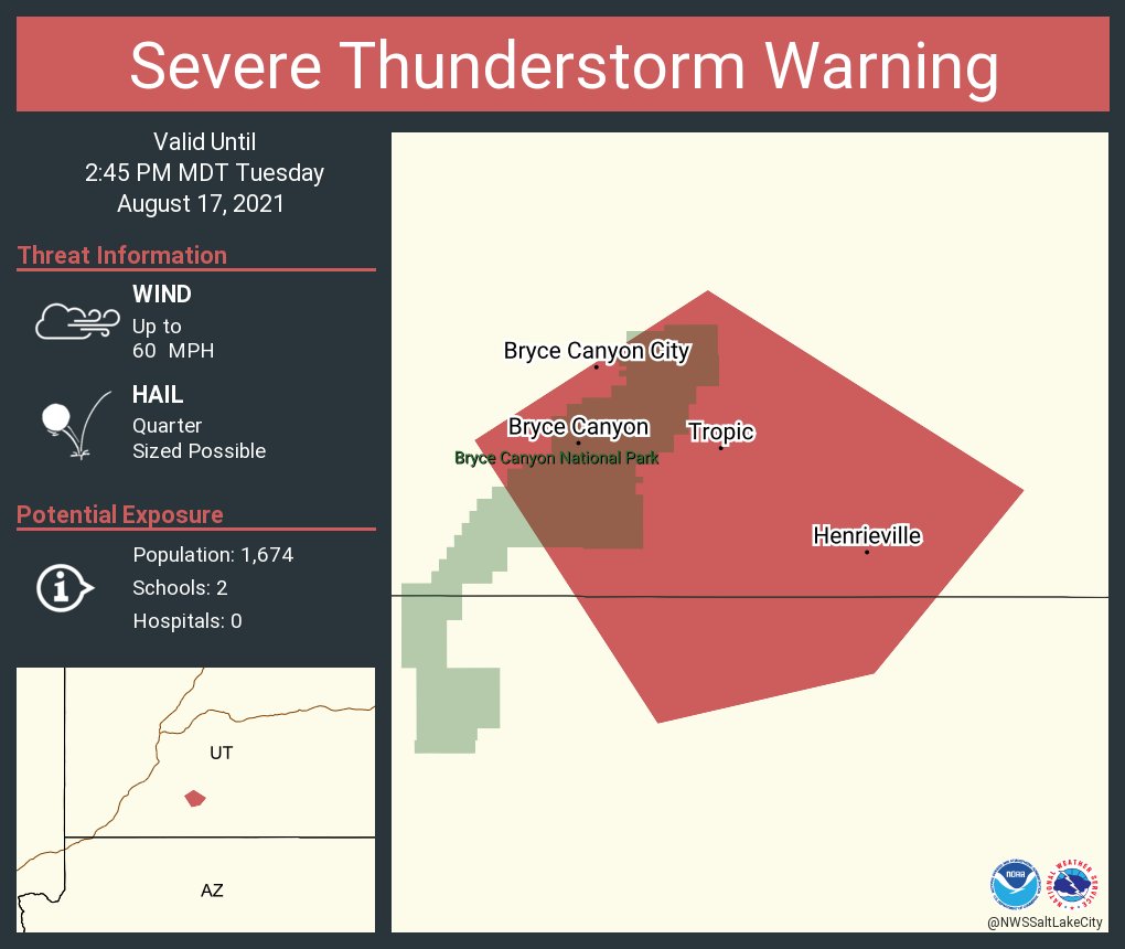NWSSevereTstorm's tweet image. Severe Thunderstorm Warning including Tropic UT, Henrieville UT, Bryce Canyon City UT until 2:45 PM MDT
