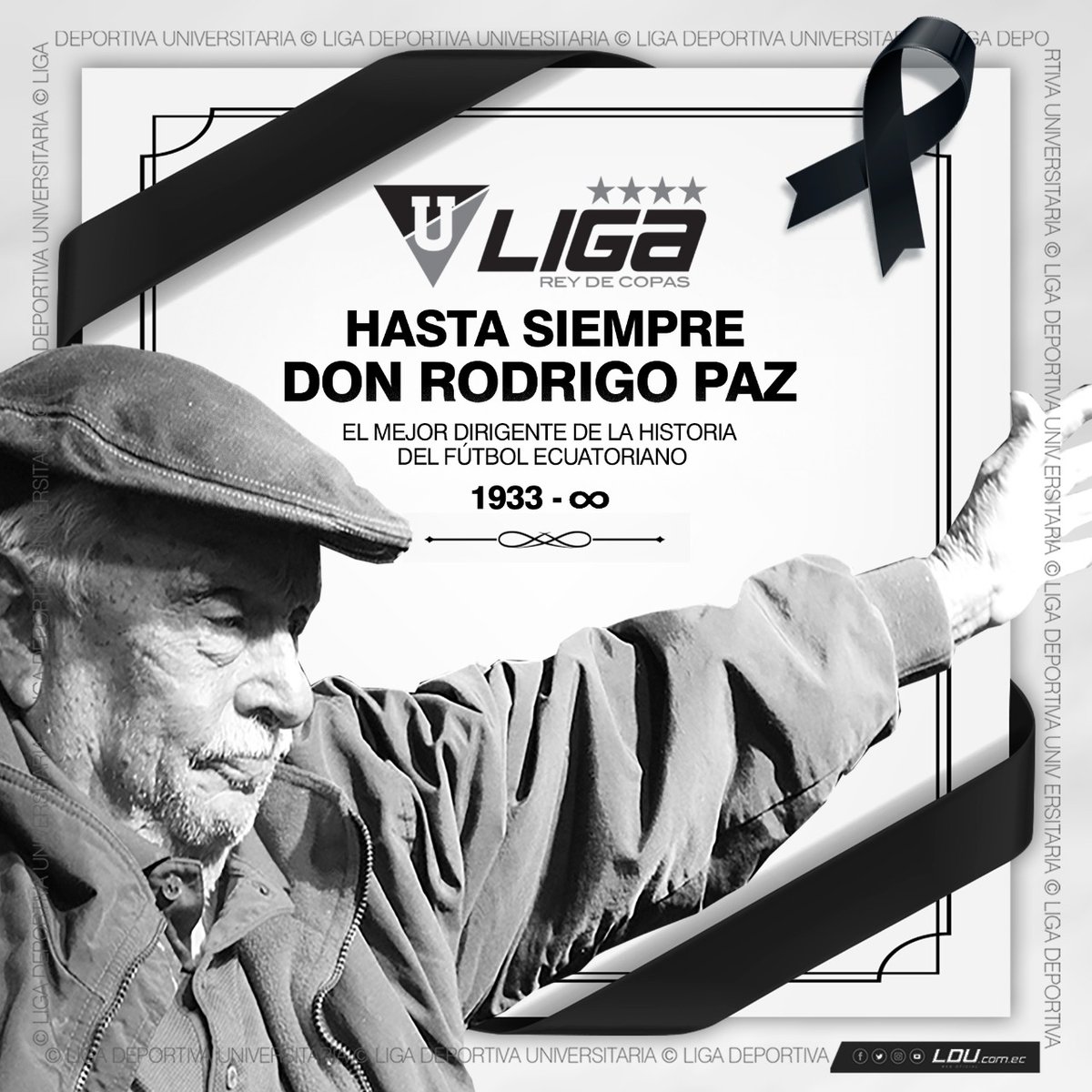 LDU_Oficial's tweet photo. Su legado, su alegría, su buen humor, su sabiduría y calidez humana vivirán siempre en quien sepa amar los colores de LIGA como él los amó.

Hasta siempre Don Rodrigo Paz Delgado, el mejor dirigente de la historia del fútbol ecuatoriano. 

Papá Oso eterno. https://t.co/sJiMHOvce0