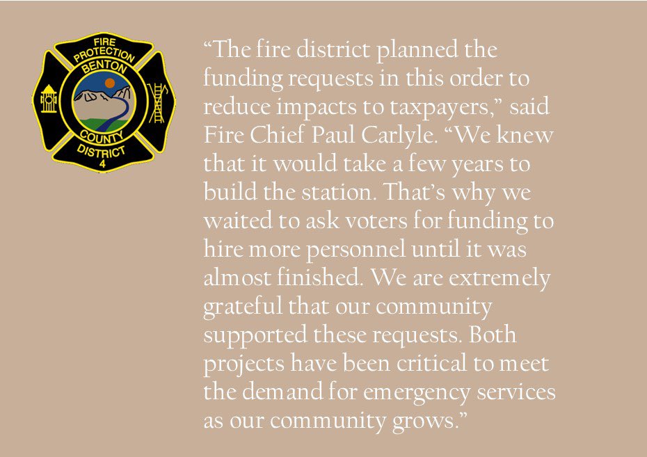 NEWS RELEASE: Benton County Fire District #4 Reports Back on Completed Projects
 
Benton County Fire District 4 wants its taxpayers to know that it has completed all projects associated with two voter-approved funding measures. In 2018, voters approved...bit.ly/3yXbGZM