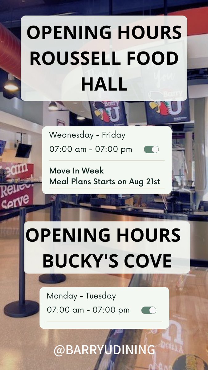 BarryUDining's tweet image. Move in week dining hours !!
