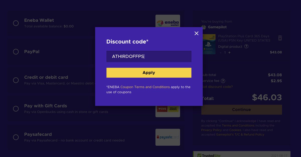 mattswider's tweet image. 😯In stock: PlayStation Plus + Xbox Game Pass Ultimate (US-only / LIMITED stock)

PS Plus $40/1 yr mttswdr.co/ps-plus-eneba
Promo code: ATHIRDOFFPS

Xbox Game Pass Ultimate $30/3 mo mttswdr.co/xbox-game-pass…
Promo code: ATHIRDOFFX

Parents: Required for PS5/Xbox online multiplayer