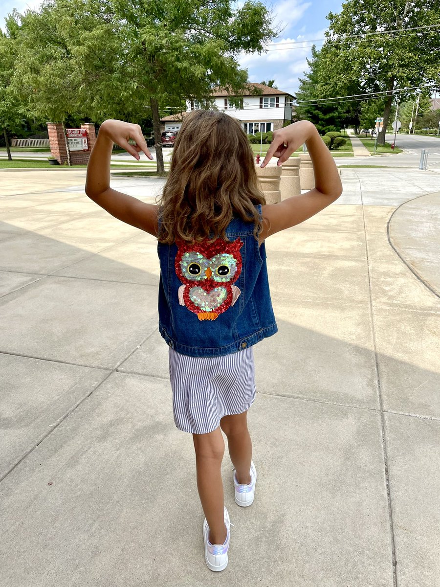 Spotted: Denim vest with sequin owl - NEED for my owl wardrobe. 🦉👏🏻 😂 This 5th grader is ready for Back-to-School! 2 more sleeps!!! #d25itspersonal