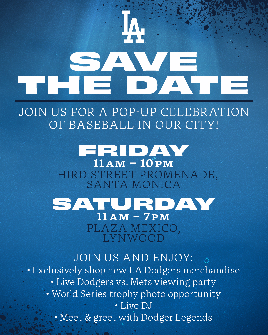 Los Angeles Dodgers on X: Clear your schedule and join us for a pop-up  celebration this weekend in Santa Monica and Lynwood! Shop exclusive new  merch, take a photo with the World
