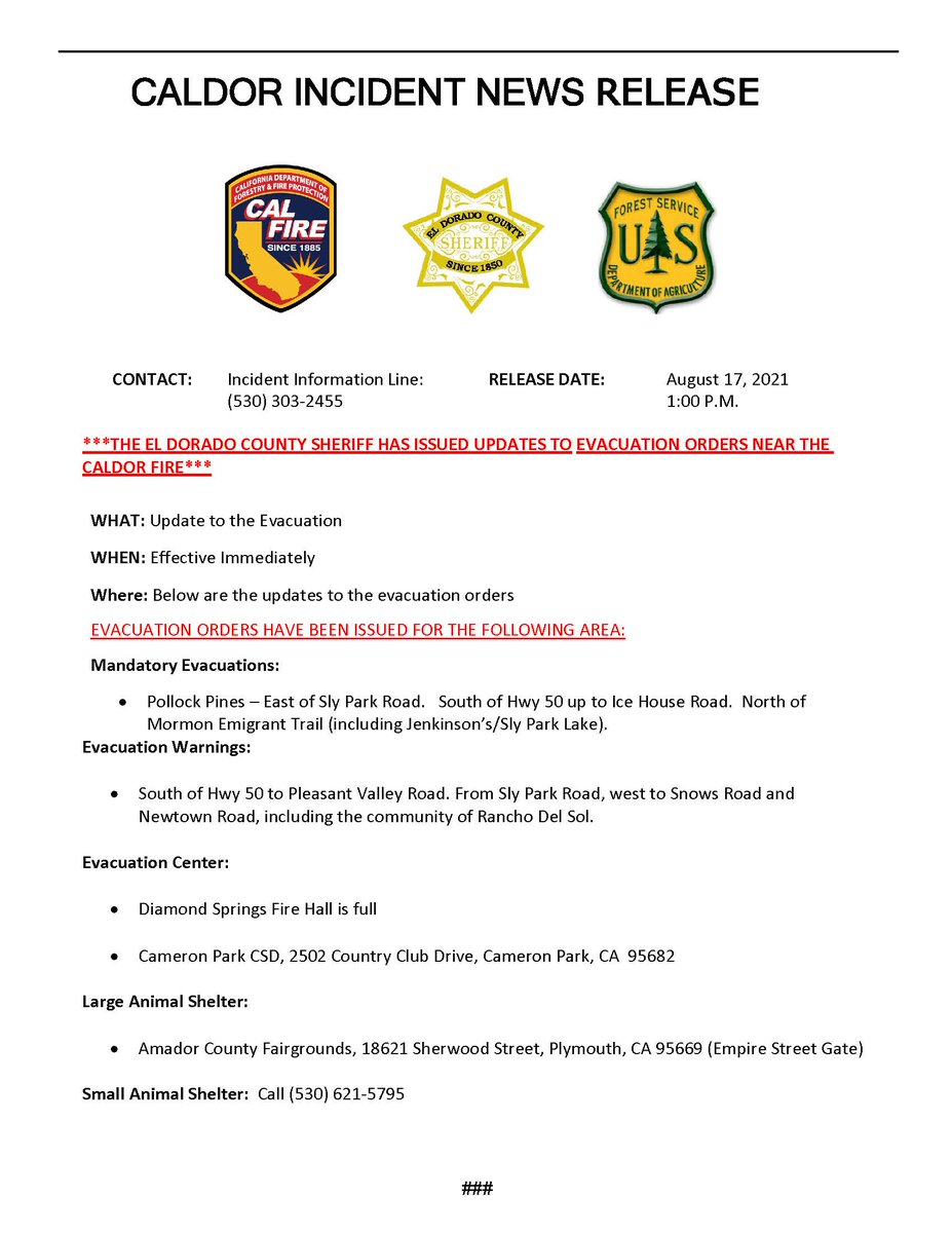 EldoradoNF's tweet image. #CaldorFire CALDOR FIRE News Release - Evacuations