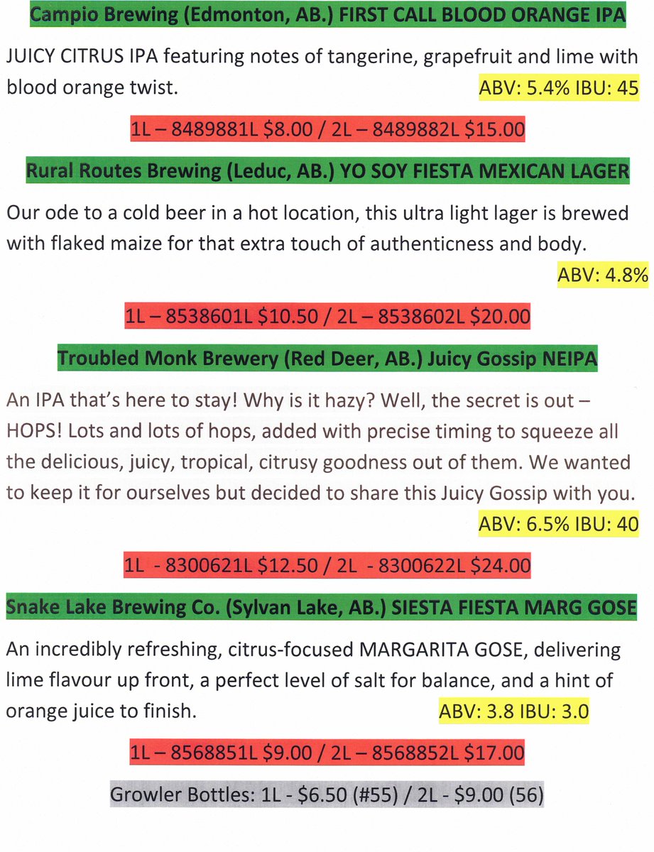 Well it's that time again, yee haw!
#GBOT...#GrowlerBeerOnTap update <a href="/LPSpirits/">Lacombe Park Spirits (St. Albert, AB)</a>! An all #ABCraftBeer lineup.
<a href="/campiobrewing/">Campio Brewing Co.</a> #BloodOrangeIPA.
<a href="/Ruralroutesbrew/">Rural Routes Brewing Co</a> #YoSoyFiesta #Lager.
<a href="/TroubledMonk/">Troubled Monk</a> #JuicyGossip #NEIPA.
<a href="/snakelakebrewco/">Snake Lake Brewing</a> #SiestaFiesta #MargaritaGose.
#AlbertaCraftBeer🍻