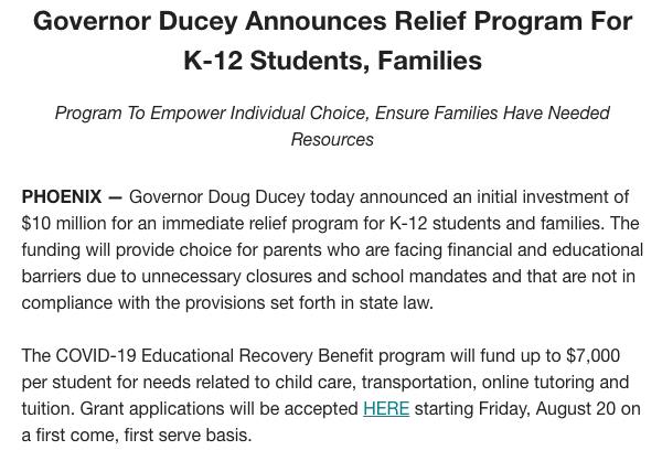 brahmresnik's tweet image. WAIT, THERE'S MORE Responding to calls from GOP, @dougducey offers 'immediate relief' of up to $7,000 each for students who want to leave a school 'due to unnecessary closures and school mandates.'