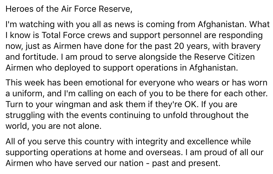 USAFReserve's tweet photo. A message from Chief of the Air Force Reserve Lt. Gen. Richard Scobee: Turn to your wingman and ask them if they're OK. If you are struggling with the events continuing to unfold throughout the world, you are not alone. https://t.co/DWlx6tTBmv