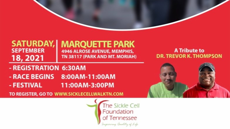 The Sickle Cell Foundation of Tennessee (@sicklecelltn) on Twitter photo Join us for our 13th Annual Mark Walden Sickle Cell Walk/Run & Festival! September 18, 2021
Together we can make a difference!
Click the Link below to register.
sicklecellwalktn.com
#scftwalk2021 Join us for our 13th Annual Mark Walden Sickle Cell Walk/Run & Festival! September 18, 2021
Together we can make a difference!
Click the Link below to register.
sicklecellwalktn.com
#scftwalk2021