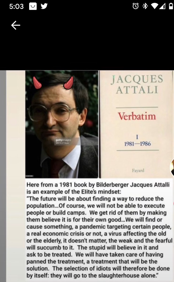 Preterismtruth's tweet photo. @EmeraldRobinson And yet the media and big pharma would have you believe there's a pandemic going on. 

It was all planned yrs ago. Just ask Jacques Attali.                          👇 https://t.co/1wvtZU0RRU