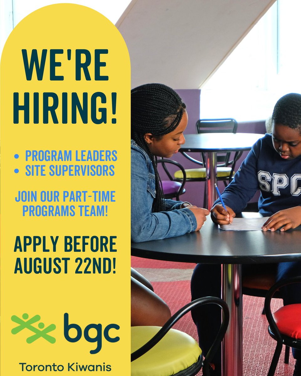📣📣 Join our team!!

BGC Toronto Kiwanis is hiring part-time positions for our 2021/2022 Program Year! 

Visit the link in our bio for more information 💚

#BGCTorontoKiwanis | #OpportunityChangesEverything
