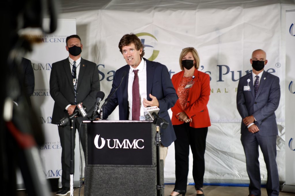 UMMCnews's tweet photo. “As you all know- the health systems in Mississippi are overburdened, and this is something we’ve been seeing for a while” - Dr. Thomas Dobbs (@TCBPubHealth) discusses the relief that field hospitals like the one from @SamaritansPurse offer to the health care workforce in MS. https://t.co/sxyEqbJToM