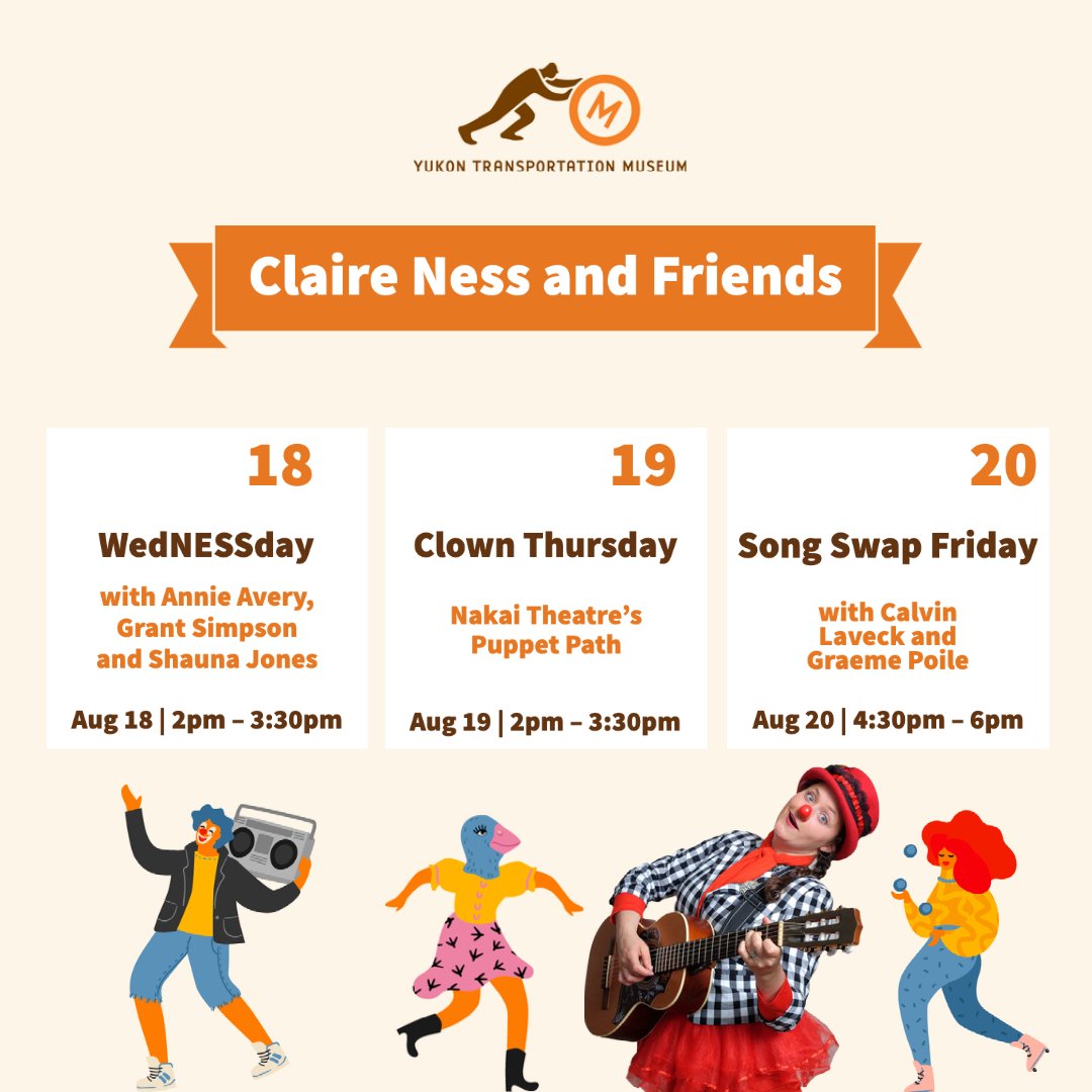 It's another great week with Claire Ness and Friends!

WedNESSday, 2 to 3:30
🎵 Annie Avery, Grant Simpson and Shauna Jones

Clown Thursday, 2 to 3:30
🦊 Nakai Theatre’s Puppet Path

Song Swap Friday, 4:30 to 6:00
🎶 Calvin Laveck and Graeme Poile