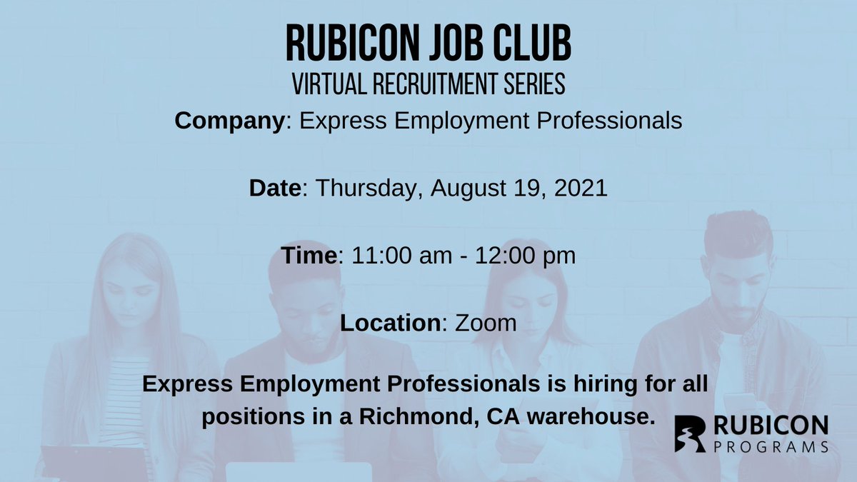 RubiconPrograms's tweet photo. Join Rubicon Programs every Thursday to meet with local employers and interview for Bay Area jobs. This week, Express Employment Professionals is hiring for all positions in a Richmond, CA warehouse. DM us for more information. #hiring #RubiconPrograms #ExpressPros https://t.co/C2DVRin6fN