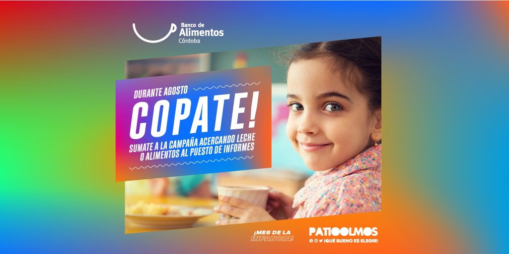 Te invitamos a sumarte a la colecta #Copate en el mes de la infancia. 
Del 6 al 31 de agosto, podes dejar cualquier alimento no perecedero en el stand de informes y <a href="/BDACordoba/">Fundación Banco de Alimentos Córdoba 🇦🇷</a>  se encargará de acercarlo a niños que lo necesitan. #rescatandosonrisas