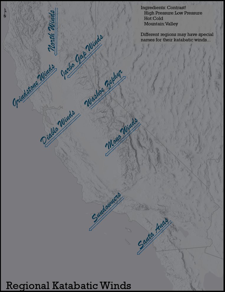 maddiewithamap's tweet photo. You might have heard of The #SantaAnaWinds...but have you heard of The Washoe Zephyr? Here is a general overview of regional #Katabatic winds in California. Am I missing any from your area? #scicomm #fire #badscienceart #STEM https://t.co/8xqpzzMZKJ