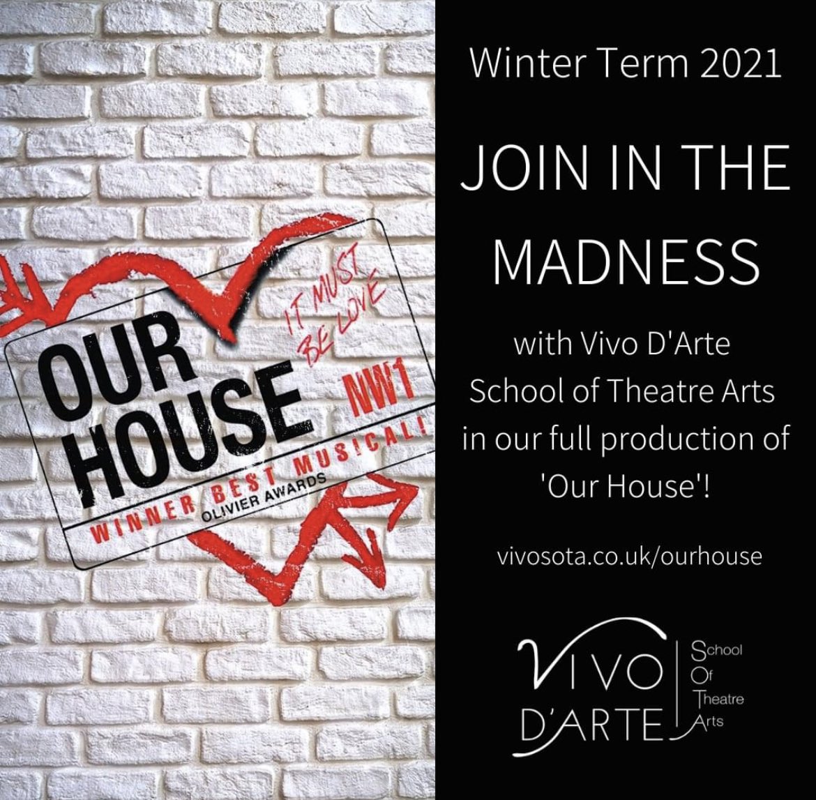 🎭Join the Madness this winter term with Vivo D’Arte SOTA!

We’re excited to announce that we’re producing a live stage adaptation of ‘OUR HOUSE’.

Join us &amp; be part of the production vivosota.co.uk/ourhouse/ 

#stageschool #musicaltheatreschool #aylesbury #buckinghamshire