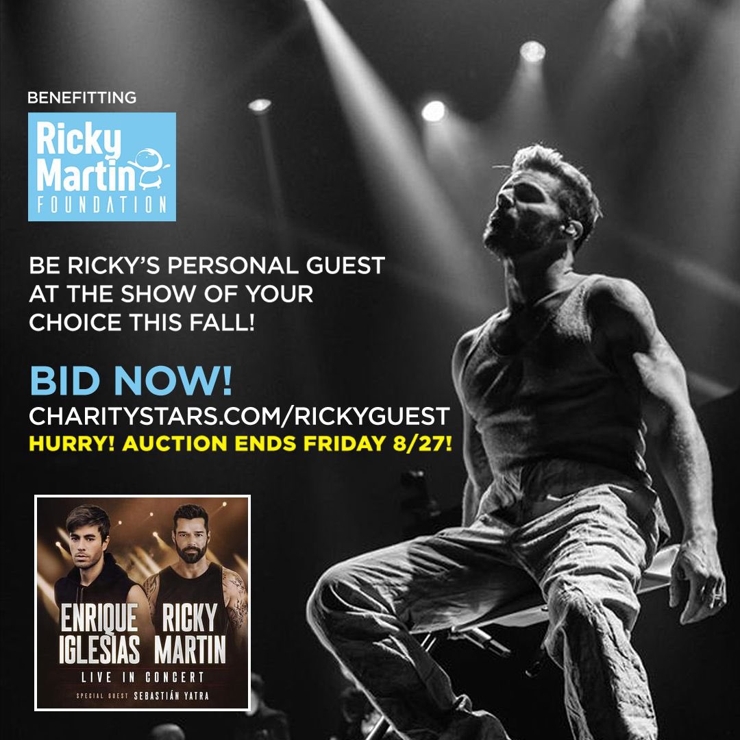 RM_Foundation's tweet photo. Bid now to be Ricky’s personal guest on his fall tour with @EnriqueIglesias, &amp; best of all, proceeds benefit @RM_Foundation. Hurry! The auction closes 8/27! Visit https://t.co/0kWBVbsvQC for details. @CharityStars @Ricky_Martin #RickyGuest https://t.co/sKw7UwW29M