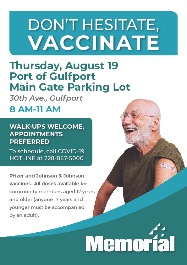 PortofGulfport's tweet photo. We're partnering again with Memorial Hospital to offer the Covid-19 vaccine here at the Port of Gulfport. Appointments appreciated, but walk-ups are welcome! Call 228-867-5000 to schedule your appointment! https://t.co/8UnTtPjvo5