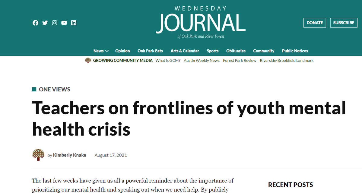 Hot off the press! NAMI's Kimberly Knake speaks to the <a href="/OakPark/">Wednesday Journal</a> Wednesday Journal about the importance of mental health and the resources available to youth, teachers and parents as school goes back in session. Take a look...oakpark.com/2021/08/17/tea…

#MentalHealth #BackToSchool