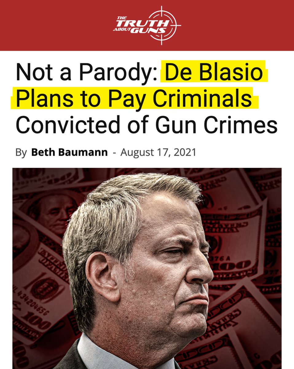 NRA's tweet photo. NOT A JOKE: @BilldeBlasio defunded NYPD but now wants to pay criminals $1K/month to not commit more violent crimes. His initiative is being sold as a "transformational opportunit[y]" to pay "men ­involved in lethal firearm ­offenses."

Read more➡️https://t.co/2Z8968Rjpg @eb454 https://t.co/iaOoIxiRmy