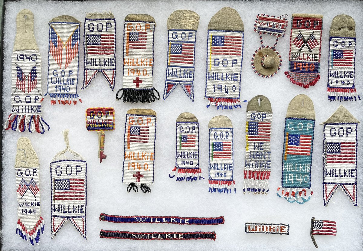 PoliticalParad4's tweet photo. Happy Willkie Notification Day! 08-17-1940. A group of souvenir Willkie badges made of leather &amp; beads by Native Americans in 1940. @APIC_USA @mike_mcquillen @davidwillkie https://t.co/0CXFJR2Zt2