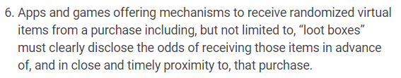 Hey <a href="/GooglePlay/">Google Play</a>, why do you let <a href="/PokemonGoApp/">Pokémon GO</a> break your ToS on loot boxes? 

Eggs, Raids, Incense, Shiny Rates, etc. are ALL loot boxes according to the ToS and Pokémon GO provides rates on NONE of them.

Link to Tos:
support.google.com/googleplay/and…
Link to app:
play.google.com/store/apps/det…