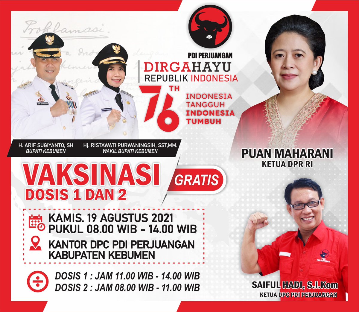 PDIPKebumen's tweet photo. Dalam rangkaian acara peringatan HUT Kemerdekaan RI ke -76. DPC PDI Perjuangan Kebumen kembali mengadakan Vaksinasi Gratis.

Monggo langsung datang ke Kantor PDI Perjuangan Kebumen di Jln. Sarbini No. 38, kamis, 19 Aguatus 2021. Cukup membawa foto copy KTP. 

Ayo buruan https://t.co/ElmKS43AZS