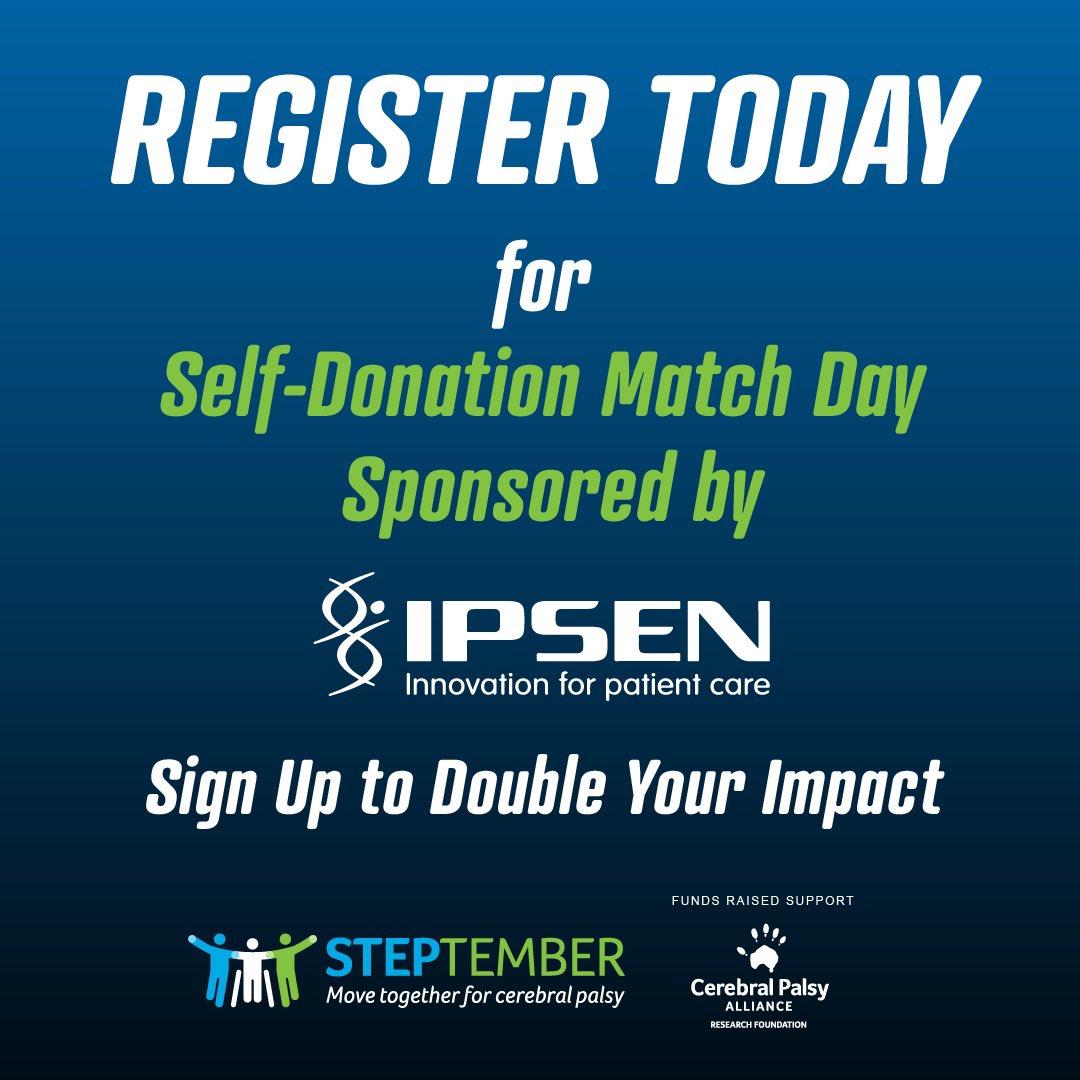 ResearchForCP's tweet photo. TOMORROW, Wednesday, August 18, is the last day for your #STEPtemberUS sign-up to count even more! Make sure you register before Wednesday’s over if you want to *DOUBLE* your impact on #CerebralPalsy research! Thanks to the generosity of @IpsenUS (1/3) [ID in alt text]. https://t.co/KjWSQSYxOi