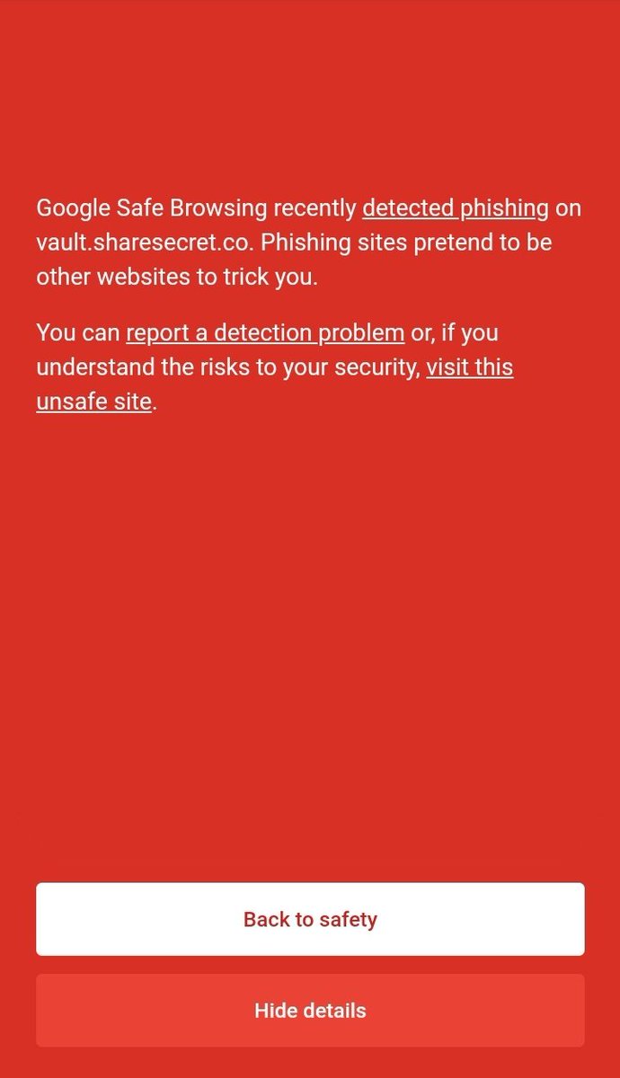 jimbosize's tweet photo. @sharesecretapp 
Your site is getting flagged by Google FYI

Seeing this on Chrome/Firefox/Safari https://t.co/ELAkc8NI8Z