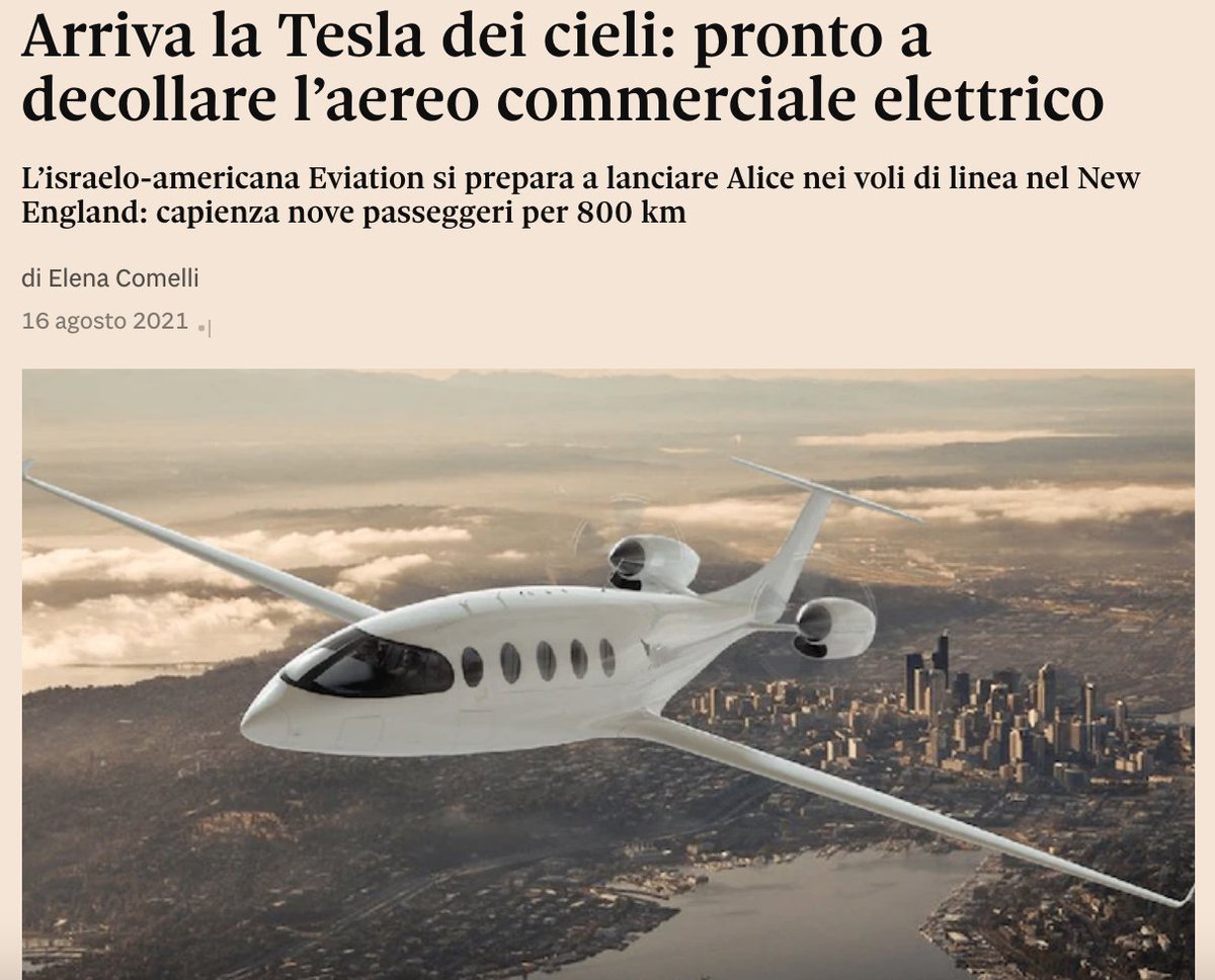 Arriva la #Tesla dei cieli. Si chiama #AliceV2
il primo #aereo commerciale puramente elettrico,
che fa 800 km con una ricarica a zero emissioni.
Non è un sogno: sarà operativo dal 2023 per i pendolari
e dal 2024 come #eCargo per <a href="/DHLexpress/">DHL Express</a>,
via <a href="/sole24ore/">IlSole24ORE</a> ilsole24ore.com/art/arriva-tes…