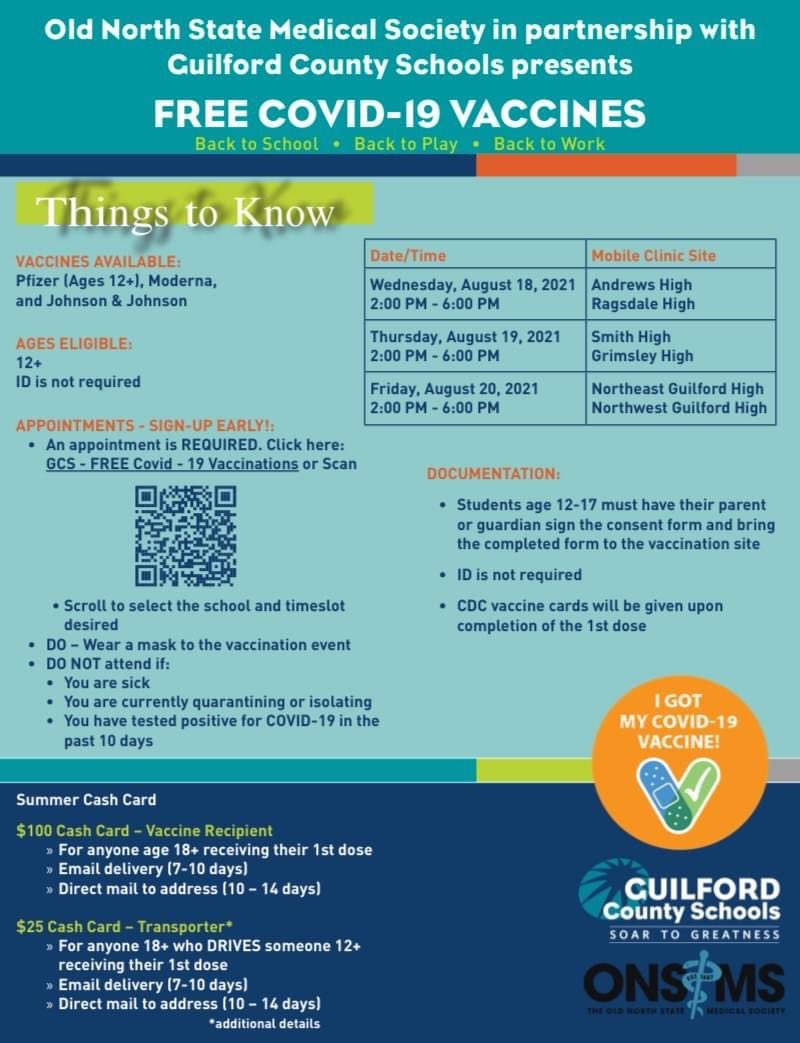 Beginning on Wednesday, Aug. 18, Old North State Medical Society will be hosting vaccine clinics at various Guilford County Schools sites throughout the remainder of the week. Find more information on our website: ow.ly/RITC50FSYwc