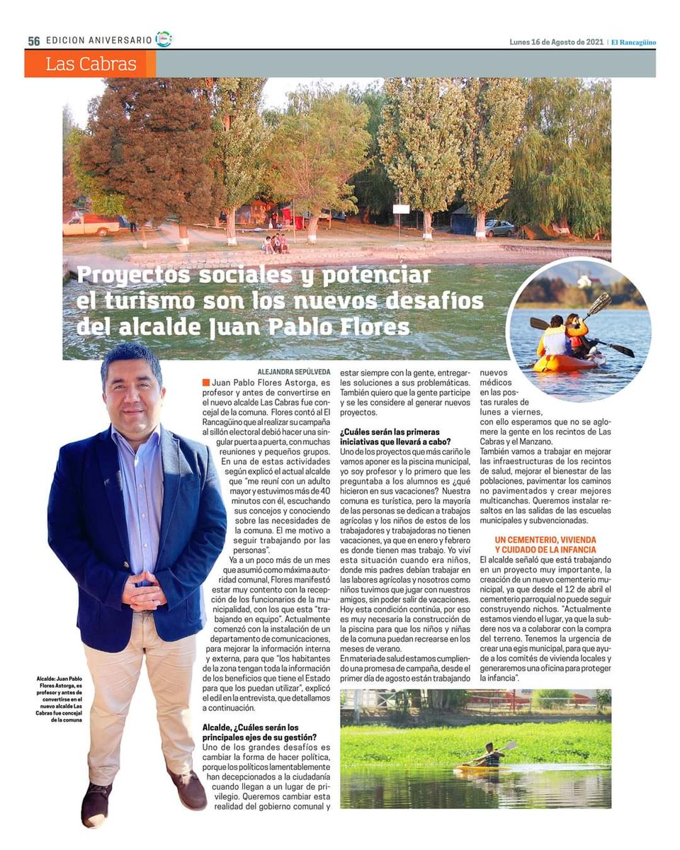 MuniLasCabras_'s tweet photo. Agradecemos la nota de @elrancaguino en donde comunicó las principales propuestas de nuestro Alcalde Juan Pablo Flores y su Gobierno Comunal. 

Desde #LasCabras le enviamos un cariñoso saludo a este medio que cumplió #106años y lo felicitamos por su incansable labor de informar. https://t.co/fzh9OJ1X6O