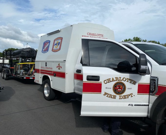 charlottefire's tweet photo. @charlottefire is sending a team of 8 swiftwater rescue technicians to Western, NC to assist with widespread flooding brought on by Tropical Depression Fred https://t.co/pr2GG1F29r
