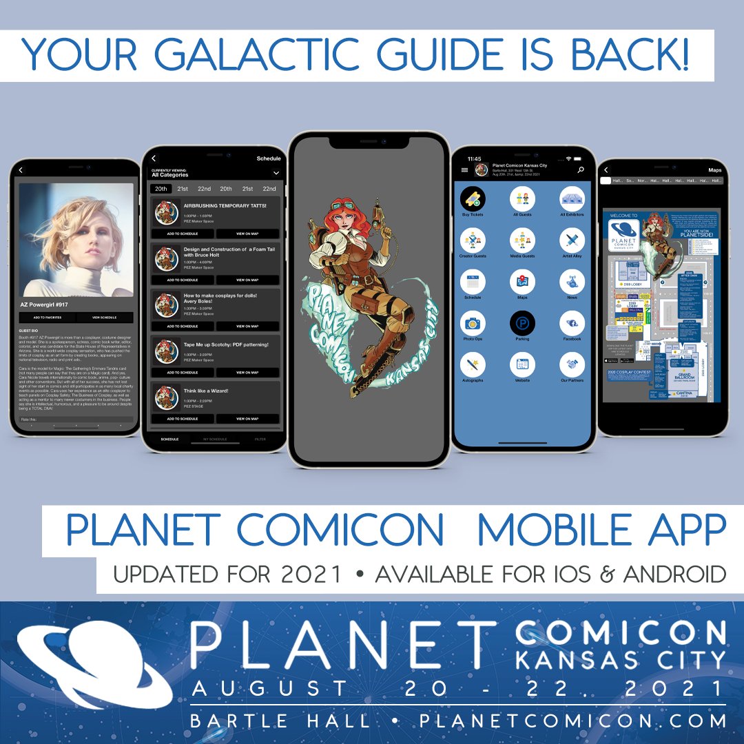 📱 Your galactic guide to Planet Comicon Kansas City is BACK! Download the #PCKC mobile app today for iOS and Android devices and plan your visit to our corner of the geek galaxy! 🚀

iOS: apple.co/2Tfrwcu
ANDROID: bit.ly/2HpmVD3