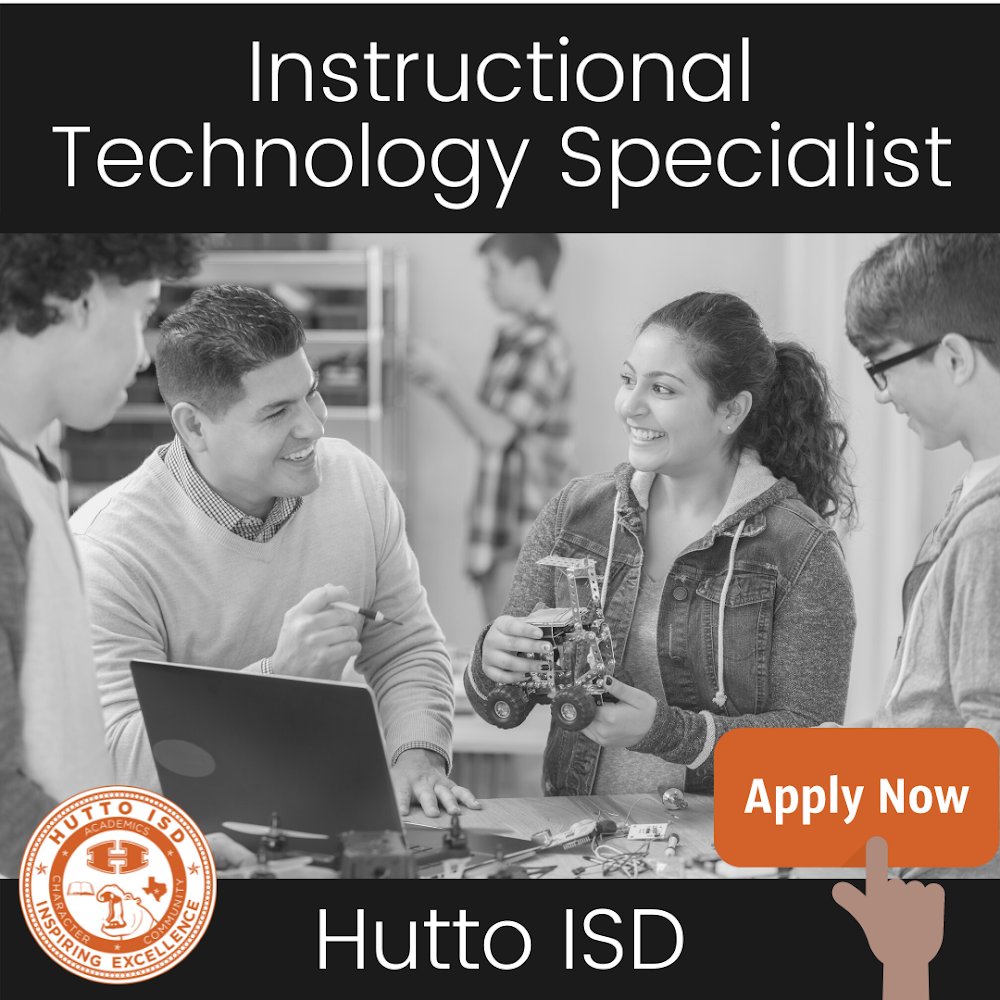 kknhong's tweet photo. Hutto ISD is looking for an educational technology leader to join our curriculum team. Apply today! https://t.co/le4xl8c7gH @HuttoISD https://t.co/y6moIVludQ